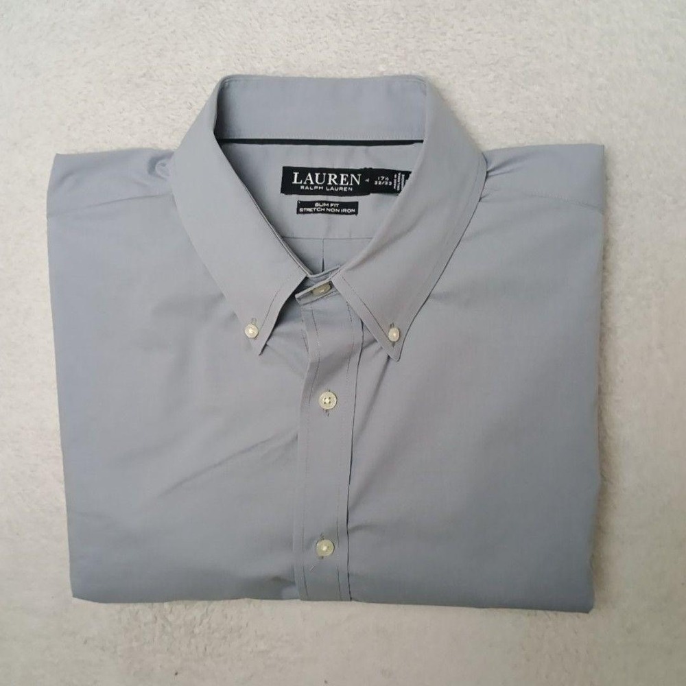 Lauren Ralph Lauren Shirt Men 17.5 32 33 Gray Slim Stretch Black Label Button Up